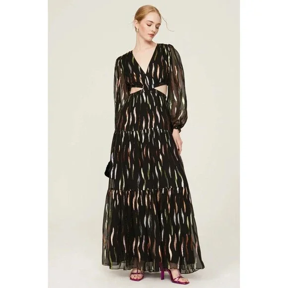 $625 Shoshanna Randi Gown Jet Iridescent Metallic Cut Out Maxi Designer 4 READ - Picture 2 of 14